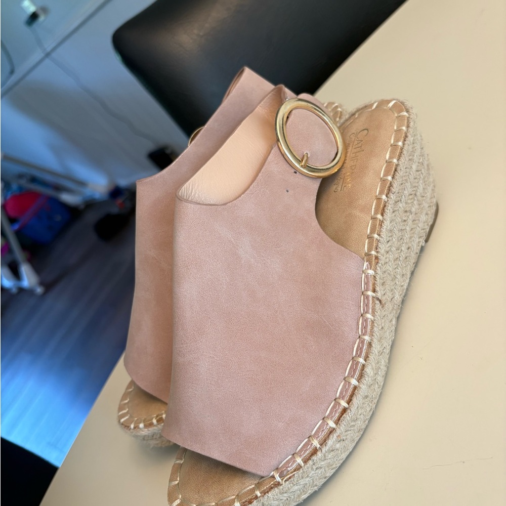 Catherine Malandrino Dusty Pink Espadrille Wedge Slides with Gold Ring